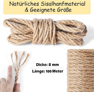 100M Sisal Rope for Cat Trees 8MM, Natural Sisal Rope for Cats, Scratch Rope, Household, Garden, DIY, Decoration, Cord for Replacement