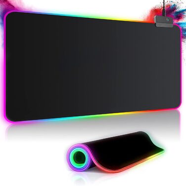 Килимок для миші ігровий RGB 800x300mm XXL, великий, з 14 режимами підсвічування, 7 LED кольорами, вологостійкий, з антиковзким покриттям для комп'ютера, ПК, професійних геймерів, чорний