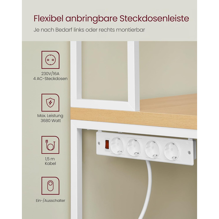 Стелаж кухонний VASAGLE з розетками, 90 см, 40x60x170 см, вінтажний коричневий + чорний, 8 гачків, KKS058K02