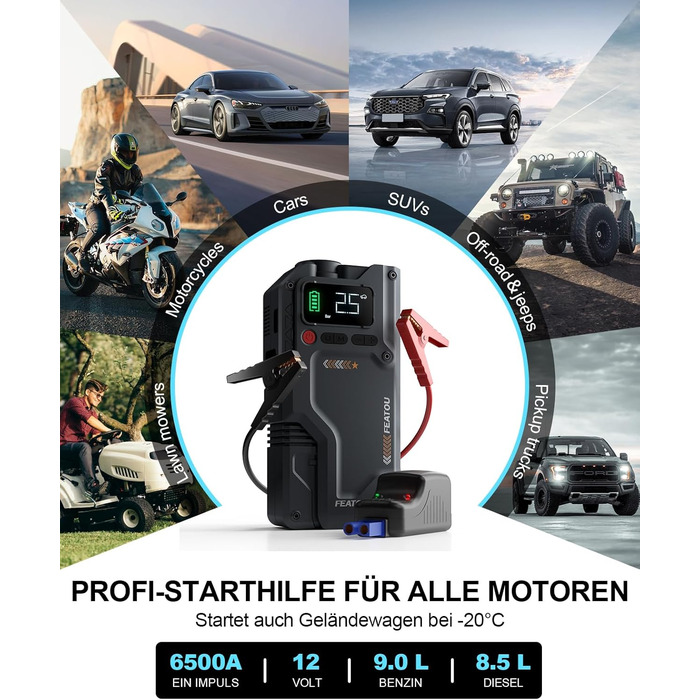 Powerbank для автомобіля Starthilfe з компресором 150PSI, 6000A, 12V, для бензинових та дизельних авто (до 10л), QC3.0, LCD, ліхтарик