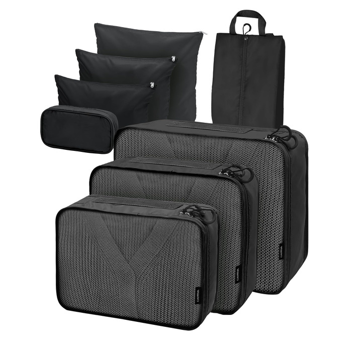 Органайзери для валізи Packing Cubes, 8 шт., водонепроникні, чорні + косметичка