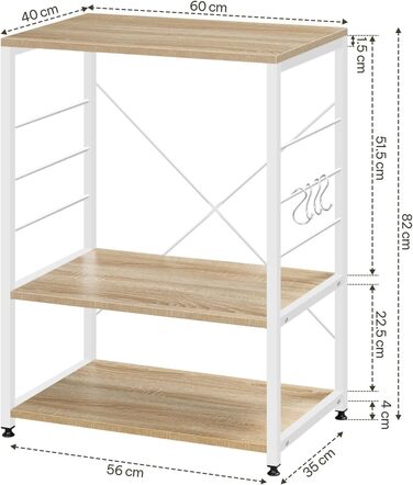 Kitchen Shelf, Microwave Shelf with 4 Hooks, Baking Shelf with 3 Tiers, Storage Shelf for Kitchen, Cafe, Living Room, Bathroom, 60 x 82 x 40 cm, Light Oak + White