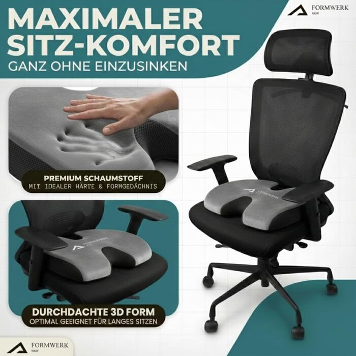 Ортопедична подушка для сидіння Formwerk NRW - преміум якість, 3D Memory Foam, для офісу та авто, OEKO-TEX-100 (60-100 кг), сіра