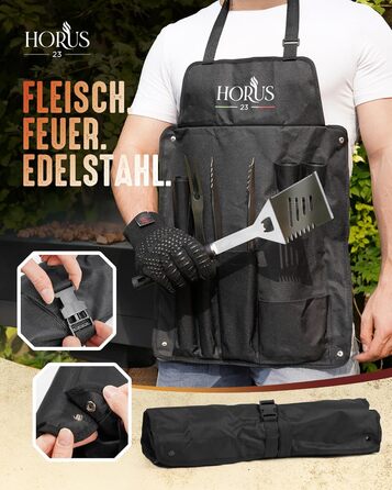 HORUS 23 Набір гриля з аксесуарами з нержавіючої сталі: щитківка, рукавиці для захисту від тепла, килимок для гриля - подарунок для чоловіків