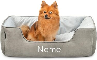 Ліжко для собак Lionto 2-в-1 з комфортним входом, м'яке лежання для домашніх тварин, підходить для собак та котів, 80x60 см, подушка для собак з легкою у догляді оксамитовою обробкою, сірий колір (Д 80 x Ш 60 x В 26 см (з нанесенням імені), Темно-сірий/Св