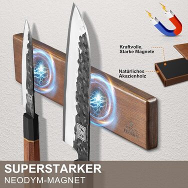 ENOKING 26cm Magnetic Knife Strip, Self-Adhesive, Knife Magnetic Strip with Extra Strong Magnet, Magnetic Knife Holder Made of Acacia Wood, Magnetic Knife Holder for Knives and Kitchen Utensils