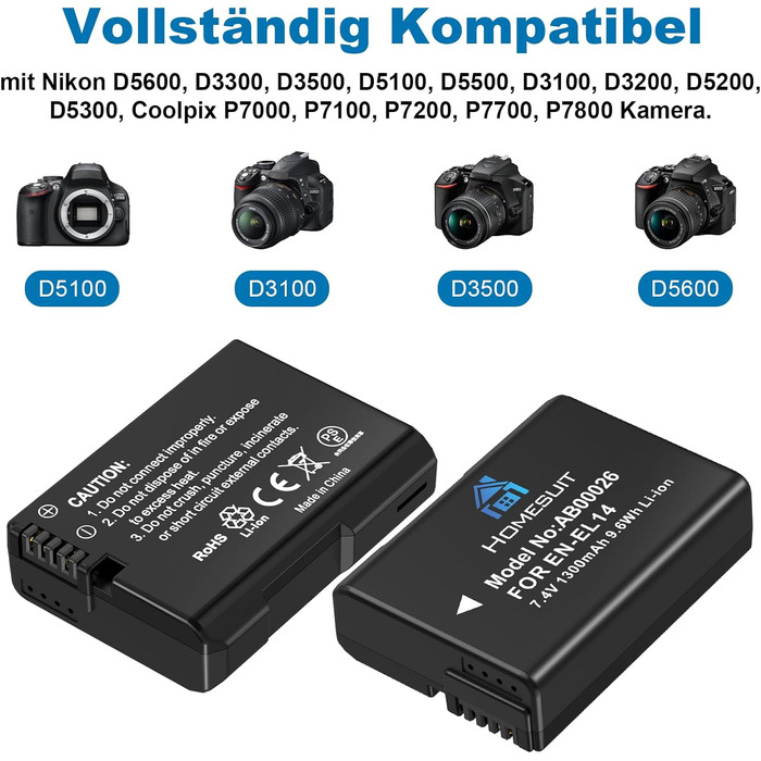 Акумулятор EN-EL14 1300mAh Homesuit + LED зарядний пристрій для Nikon D3100, D3200, D3300, D3500, D5100, D5200, D5300, D5500, D5600, Coolpix P7000, P7100, P7200, P7700, P7800 (2 шт.)