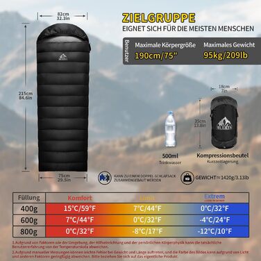 Спальний мішок зимовий Daunenschlafsack Winter: теплий та легкий, 680FP+, 0°C, для дорослих та дітей, підходить для походів, альпінізму та кемпінгу. Чорний колір