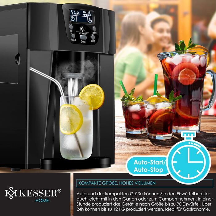 Машина для приготування льоду KESSER® з нержавіючої сталі, 100W, 12 кг/24 год, 2 розміри кубиків, 6 хв приготування, 2 л резервуар, таймер, LCD-дисплей, чорний
