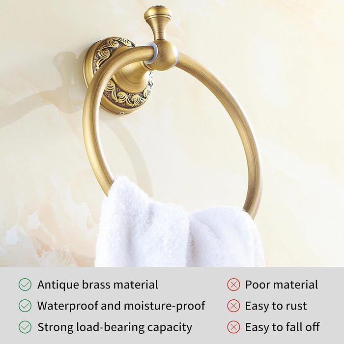 Brass toothbrush holder, antique bronze finish, cup holder with white ceramic cup, wall-mounted, bathroom accessory, patterned carving design (towel ring)