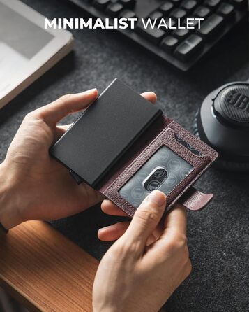 Чоловіче картхолдер VULKIT з RFID блокуванням, з металевою конструкцією, 3 відділення для кредитних карт та віконцем для посвідчення, компактний гаманець з магнітною застібкою, червоне шкіряне покриття (справжня шкіра Litchi Espresso)