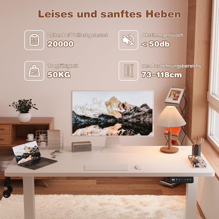 Devoko Adjustable Height Desk, Electric Standing Desk with Desktop - 73-118cm, 2 Memory Settings, Office Desk, Collision Detection (White, 160x60cm)