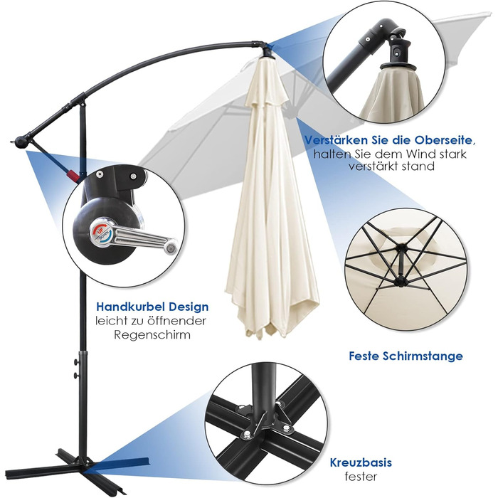 Daromigo Parasol 300/350 cm with Crank | Pergola Parasol with Stand | Garden Parasol Sun Protection UV Protection Aluminum | Crank Parasol Market Parasol Waterproof for Garden