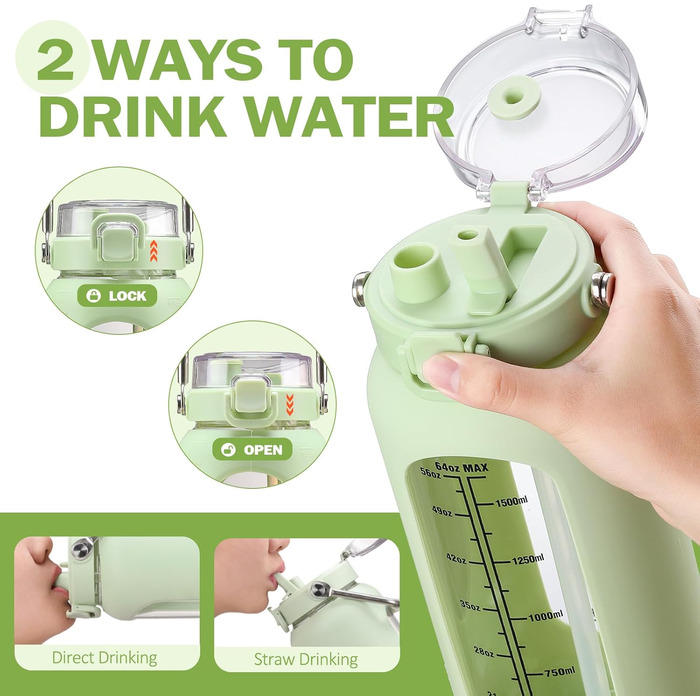 BLUEGO 2000ml Glass Water Bottle with Stainless Steel Handle and Time Marker 2L Motivation Glass Dryer with Silicone Case and Straw for Gym, Office, Outdoors, Sports Water Bottles BPA-free, (Light Green)