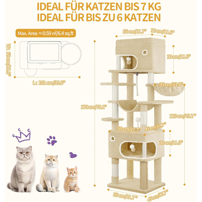 Кігтеточка для котів Hzuaneri XL (203 см) з платформою, печерами, колонами, гамаком та помпонами, бежева