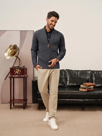 Кардиган чоловічий PJ PAU JONES з блискавкою, стійким коміром та в'язаним візерунком, темно-синій (M, темно-сірий)