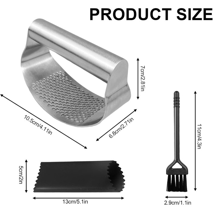 Прес для часнику з нержавіючої сталі - багатофункціональний прес для часнику з силіконовим очищувачем та щіткою для чищення. Можна мити в посудомийній машині (срібний)