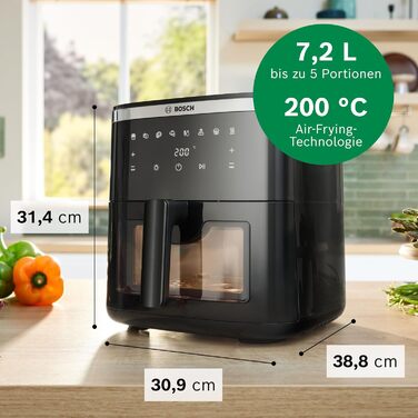 Bosch Serie 6 Hot Air Fryer XXL - 7.2L Capacity, 7 Pre-set Programs, Illuminated Window, Fast Cooking, Black