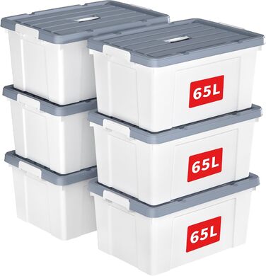 Cetomo Plastic Storage Box - Box with Durable Lid and Safety Closure, Stackable and Nestable, 3-Pack, White (65L * 6)