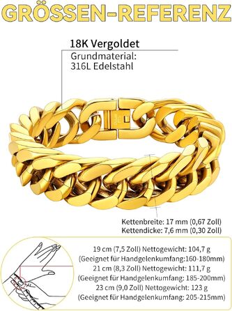 Чоловічий сталевий браслет ChainsHouse Panzer (ланцюг) золотого кольору, ширина 17мм, довжина 19см — стильна прикраса в стилі хіп-хоп з подарунковою коробкою