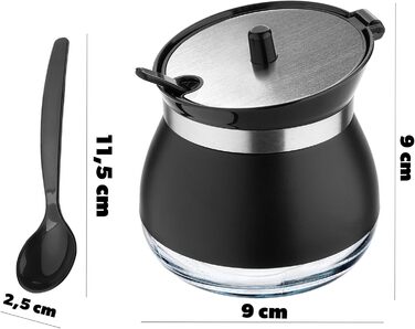 Цукорниця KADAX з ложкою, 270 мл, контейнер для цукру з порошковим покриттям, 9x9 см, цукророзсипник у 2 кольорах, дозатор для спецій з кришкою для чаю, цукру (Чорний)