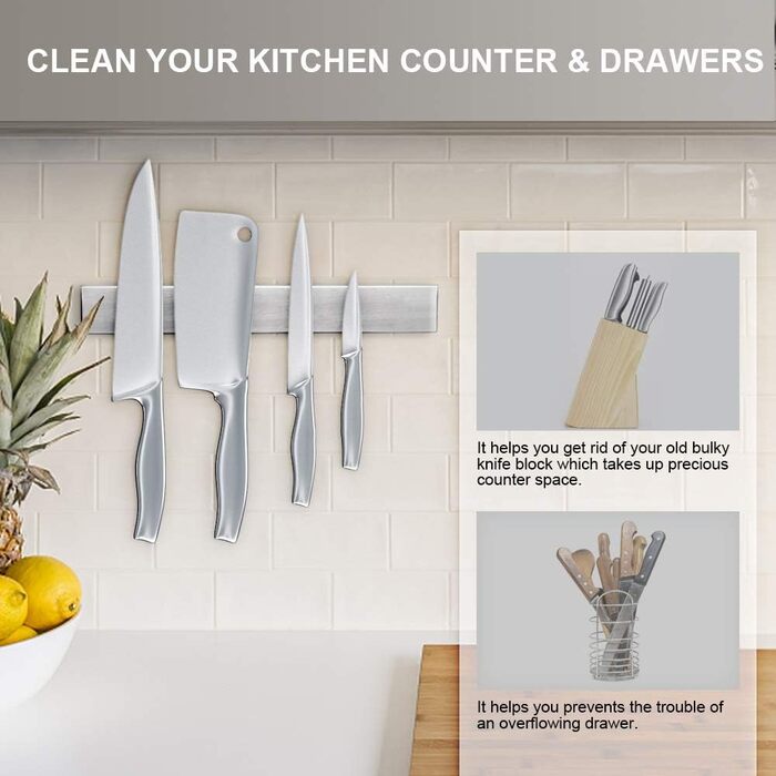 Ninonly Magnetic Knife Strip Magnetic Knife Holder Self-Adhesive 50cm (20inch) Stainless Steel Knife Rail Magnet Without Drilling Magnetic Knife Rail Wall Mount for Kitchen, Office, Workshop
