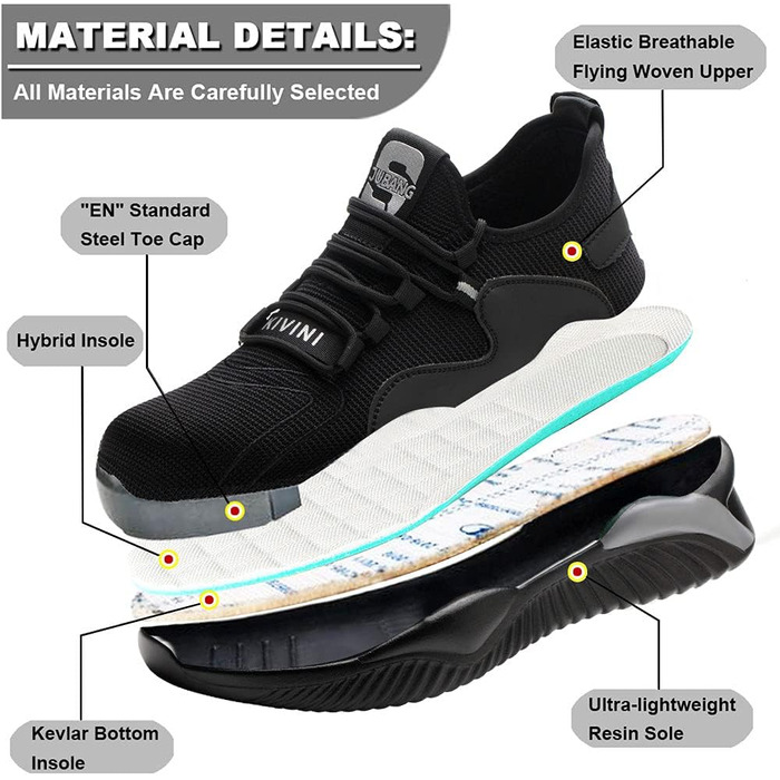 Робочі черевики / захисні черевики для чоловіків та жінок. Легкі, з металевим підноском, дихаючі, неслизькі, спортивного стилю, чорного та сірого кольорів, розміри 36-46 EU.