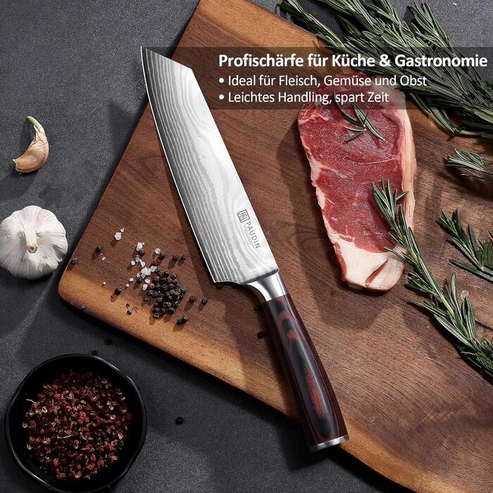 Японський ніж Santoku від Paudin, 20 см, Kiritsuke, з високоякісної сталі, ергономічна ручка, для м'яса, риби та овочів