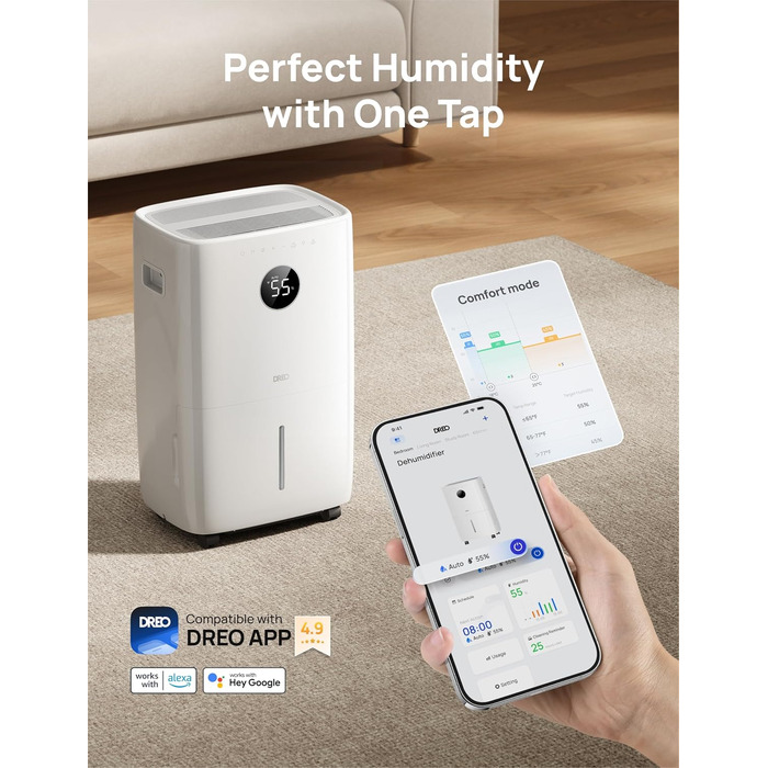 Dreo Розумний осушувач повітря / 24 год, для приміщень 37 м² – енергоефективний та тихий – керування через додаток & Alexa – 3 режими, таймер, регульована вологість, з відводом води, для спальні та ванної кімнати, білий (52L)