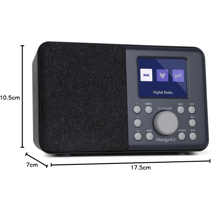 Портативне цифрове радіо MD3 DAB/DAB+/FM з Bluetooth, динаміком та навушниками, 40 станцій, будильник, годинник, таймер, кольоровий дисплей, батарея та мережа (темно-сірий)
