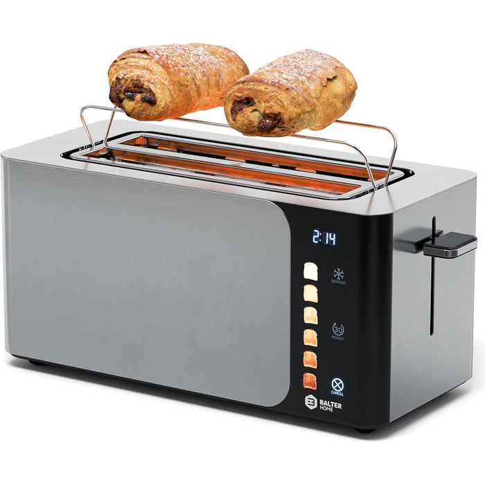 Тостер Balter 4 Scheiben з сенсорним керуванням, нержавіюча сталь, підставка для булочок, LCD дисплей, функція підігріву, центрування хліба, TS-34 (Ts-44-silber)