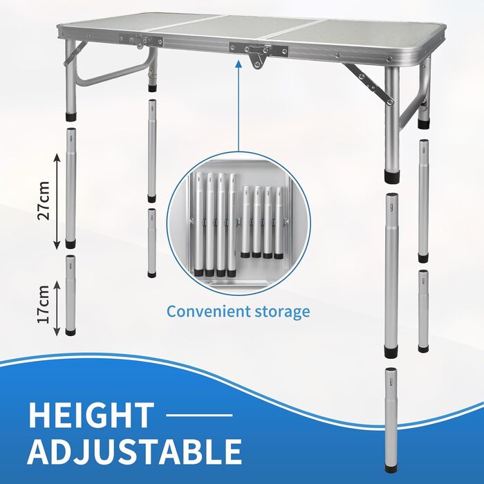 Складаний туристичний стіл CPROSP 90x40 см, регульована висота 26-70 см, срібний