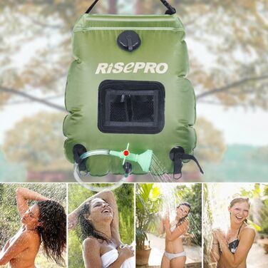 Соняшний душ RISEPRO 20л: портативна сонячна водогрілка для кемпінгу, подорожей, відпочинку на природі. Макс. температура 45°C, знімний шланг та душова насадка.