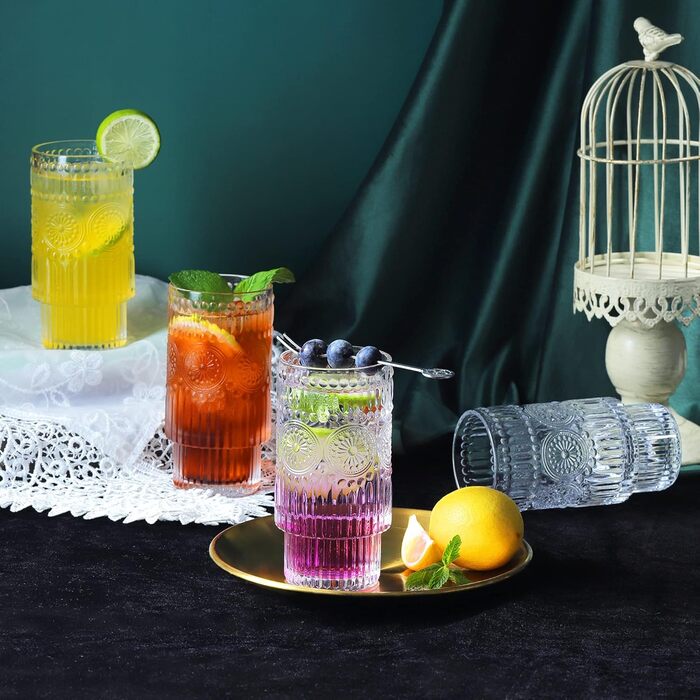 Joeyan 340ml Vintage Water Glasses Stackable - Set of 4 French Drinking Glasses for Drinks, Cocktails, Tea - Creative Water Cup for Restaurant, Party, Bar, Event, Home