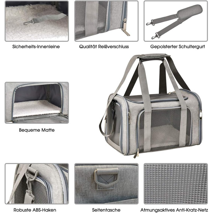 Транспортна сумка для кота та собаки, складана переноска для домашніх тварин середнього розміру (51 x 33 x 33 см, сіра)