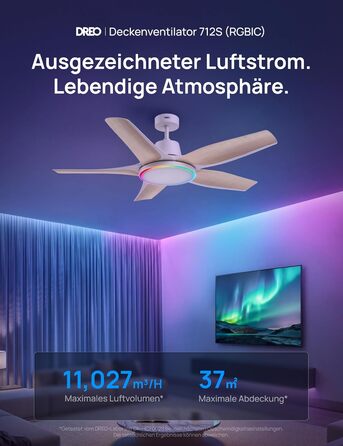 DREO Стельовий вентилятор з LED підсвіткою 132 см, диммування, RGB, DC мотор, управління через додаток та Alexa, білий