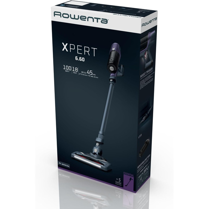 Rowenta RH6838 X-Pert 6.60 ESSENTIAL Cordless Vacuum | Stick and Handheld Vacuum in One | 45 Minute Run Time | LED Nozzle | Removable Battery | Includes Upholstery & Crevice Nozzle | Red/Black without Pet Hair Brush