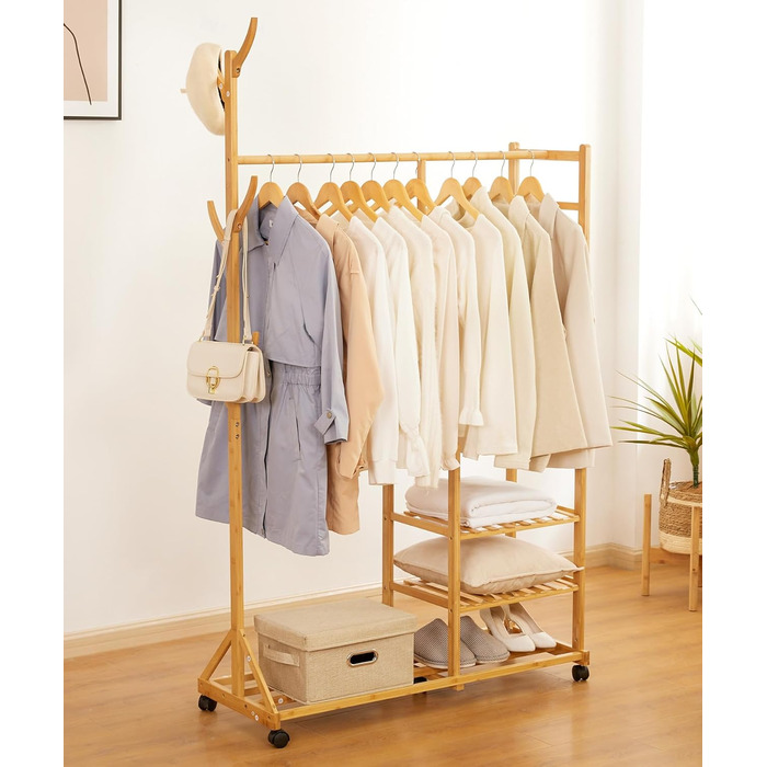 Yorbay Bamboo Clothes Rack with Wheels, with Clothes Rail, 3 Shelves and 6 Hooks, Tree Shape, 100 x 38 x 176 cm (Natural)