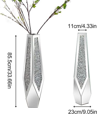 Ваза для квітів напольна 68 см, срібна ваза з кристалами для пампас трави, скляна ваза з дзеркальними діамантами, декоративна розкішна блискуча ваза для вітальні, декор інтер'єру – не для води (23 см x 85,5 см)