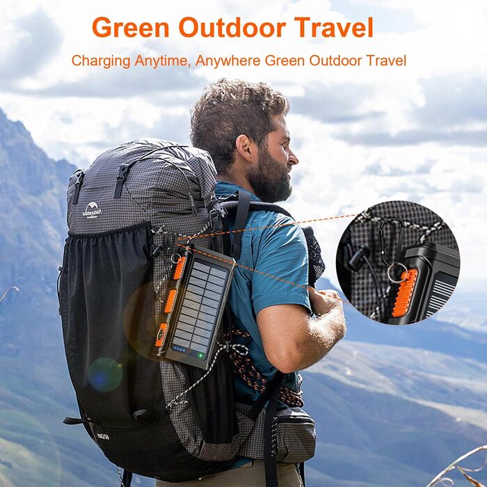Портативний зарядний пристрій Powerbank 26800 mAh з сонячною панеллю та ручкою, 4 кабелі, USB-C, швидка зарядка, 7 виходів, 4 входи, для мобільного телефону, водонепроникний, зовнішній акумулятор для кемпінгу, оранжевий