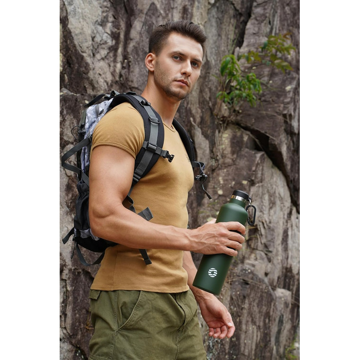 Фляга спортивна Feijian 1л з карабіном, нержавіюча сталь, термофляга, без BPA, для напоїв, кемпінг, спорт, школа, армійський зелений