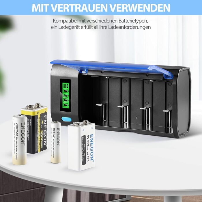 Зарядний пристрій ENEGON для акумуляторів AA/AAA/C/D/9V NiMH/NiCD з LCD дисплеєм та функцією розряду – 4 слоти, чорний