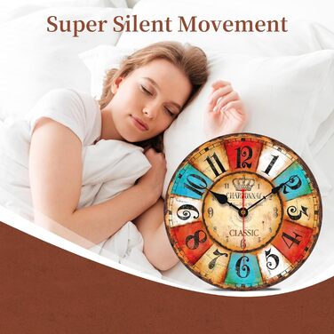 VIKMARI Quartz Wall Clock Wood Silent Hanging Clock, Battery-Powered Round Rustic Clock, Easy to Read Vintage Interior Wall Clock ||14' (Colorful Arabic Numerals, 20 cm)