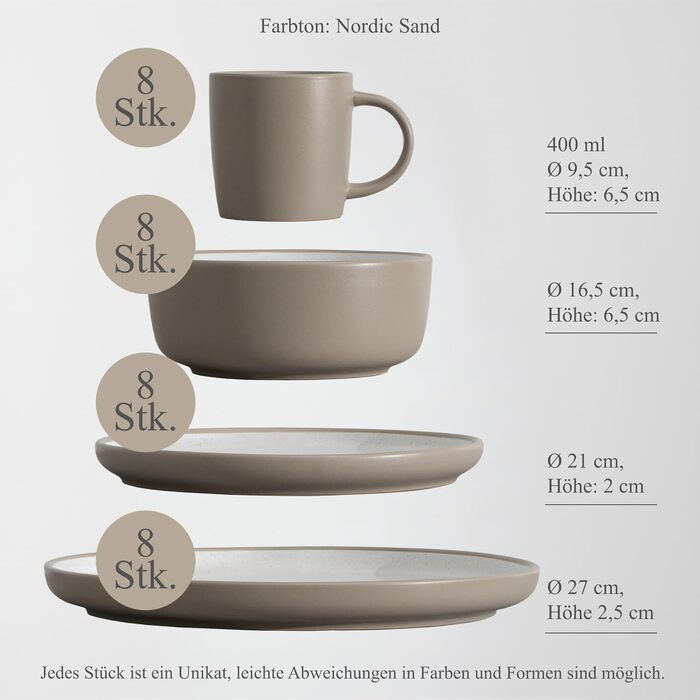 Сервіз Hausfelder на 8 осіб (32 елементи) з порцеляни – тарілки, миски, чашки – набір посуду, стійкий до миття в посудомийній машині, сучасний бежевий (Nordic Sand), 32-елементний набір