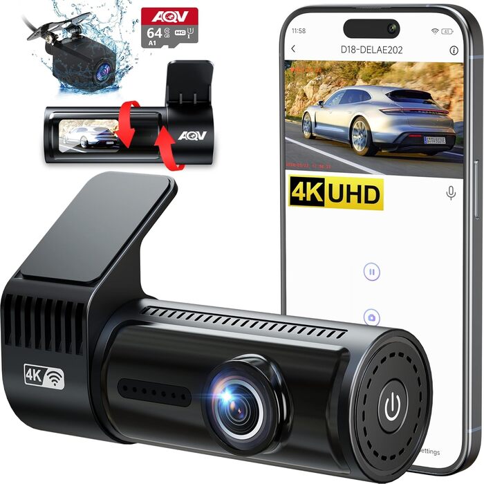 Відеореєстратор AQV Dashcam Auto Vorne und Hinten 4K з WiFi, 64GB SD, G-сенсор, Super Night Vision, 170°+140° Кут огляду, Black-D18