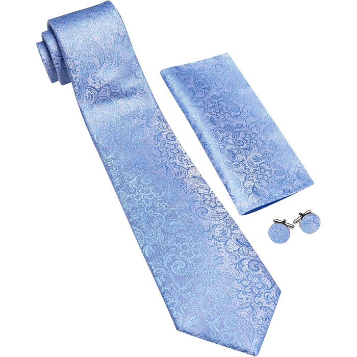 Краватка з шовковим візерунком пейслі Barry.Wang, комплект з кишеньковим хустинкою та запонками, для урочистих заходів та весілля, 3 шт. (Світло-блакитний пейслі)