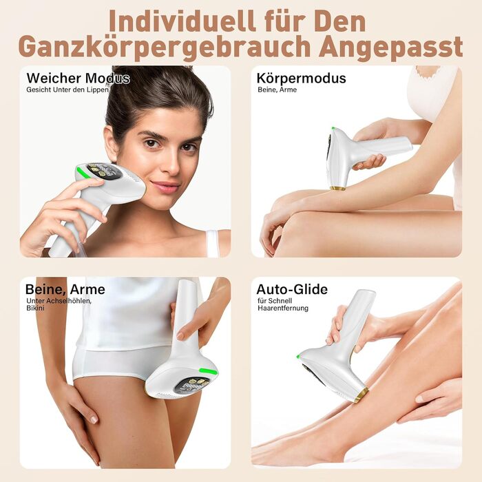 Пристрій для епіляції IPL з лазером та охолодженням, 3 функції (HR/SC/RA), 9 рівнів енергії, 999 999 імпульсів, для чоловіків/жінок/обличчя/бікіні/тіла (білий)