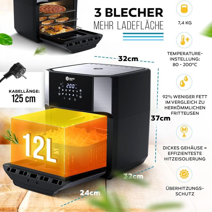 Мультипечі Airfryer Balter HL-1200 XXL: аерофритюрниця, міні-духовка та дегідратор 12л, 10 програм, чорна