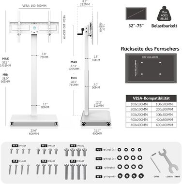 FITUEYES Rolling TV Stand - Mobile TV Cart for 32-75 inch Plasma/LCD/LED TVs - Adjustable Height, Swivel ±30°, Tilt 10°-40° - VESA 600x400mm - White