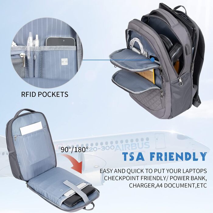 Рюкзак для ноутбука KROSER 17.3'' - бізнес, шкільний, туристичний з USB та RFID-захистом (сірий)